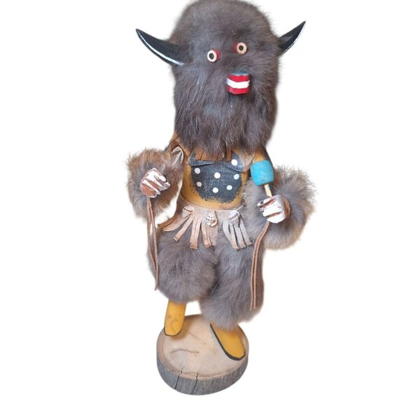Kachina Doll Buffalo Mask RB Vintage Native Folk Art Indian Fur Wood 12 Inch - Picture 5 of 13